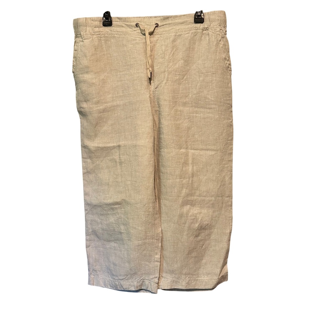 LL Bean Favorite Fit 100% Linen Crop Pants Oatmeal Beige Drawstring Womens 16